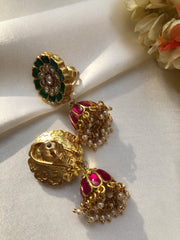 (Made To Order) Kundan round green & ruby kundan jhumkas with pearls-Earrings-PL-House of Taamara