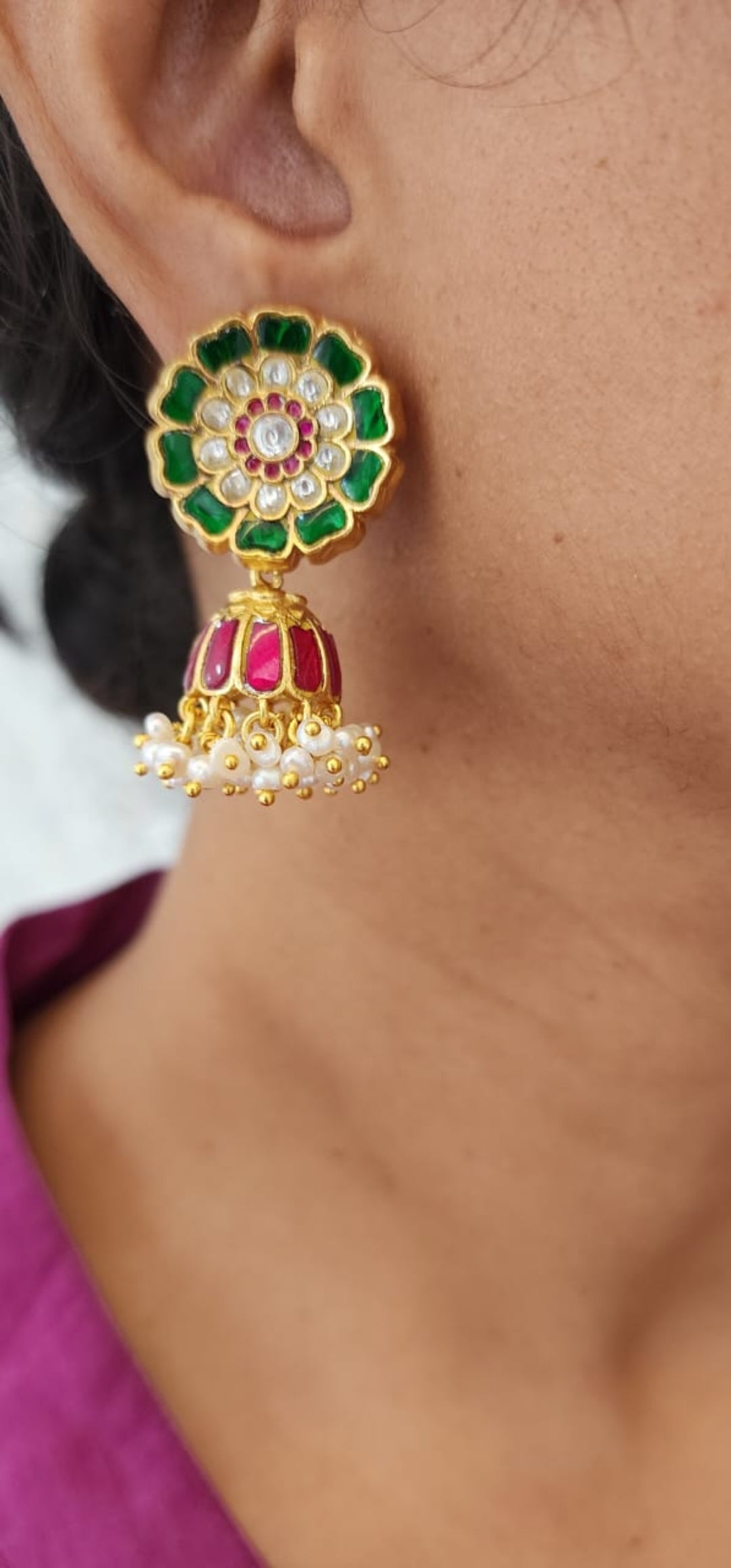 (Made To Order) Kundan round green & ruby kundan jhumkas with pearls-Earrings-PL-House of Taamara