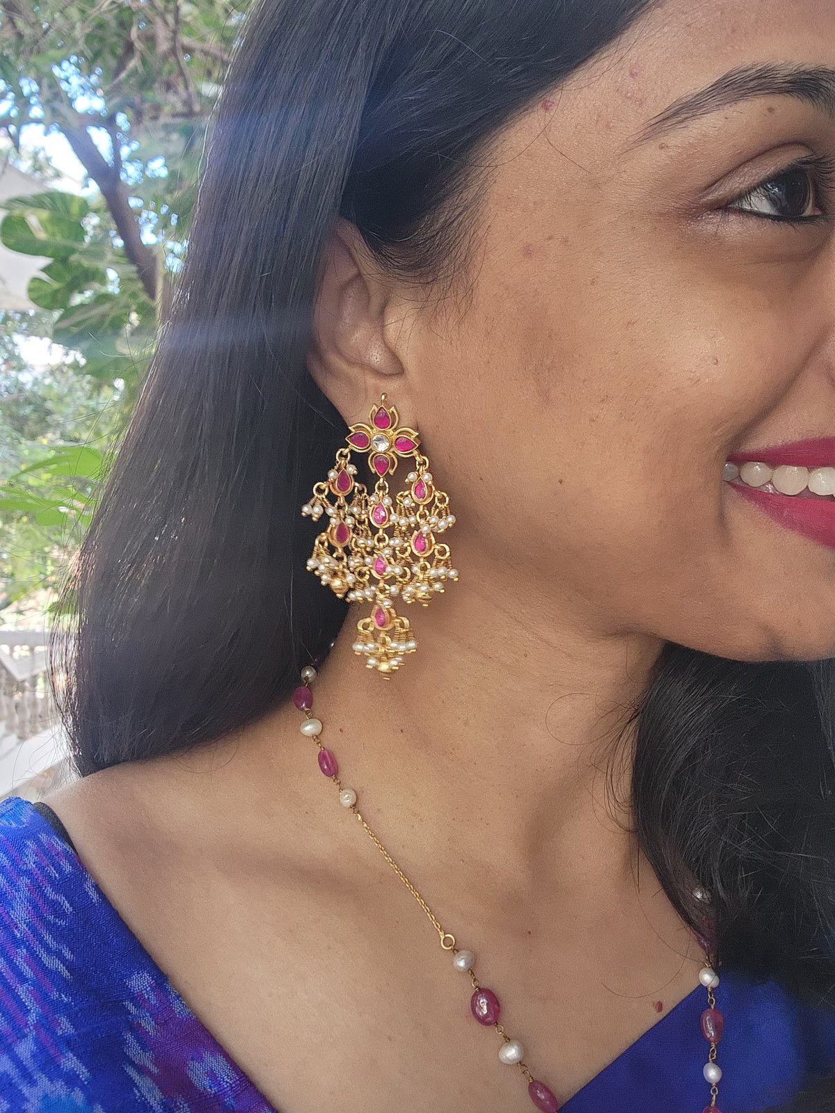 (Made To Order) Kundan & ruby flower earrings-Earrings-PL-House of Taamara