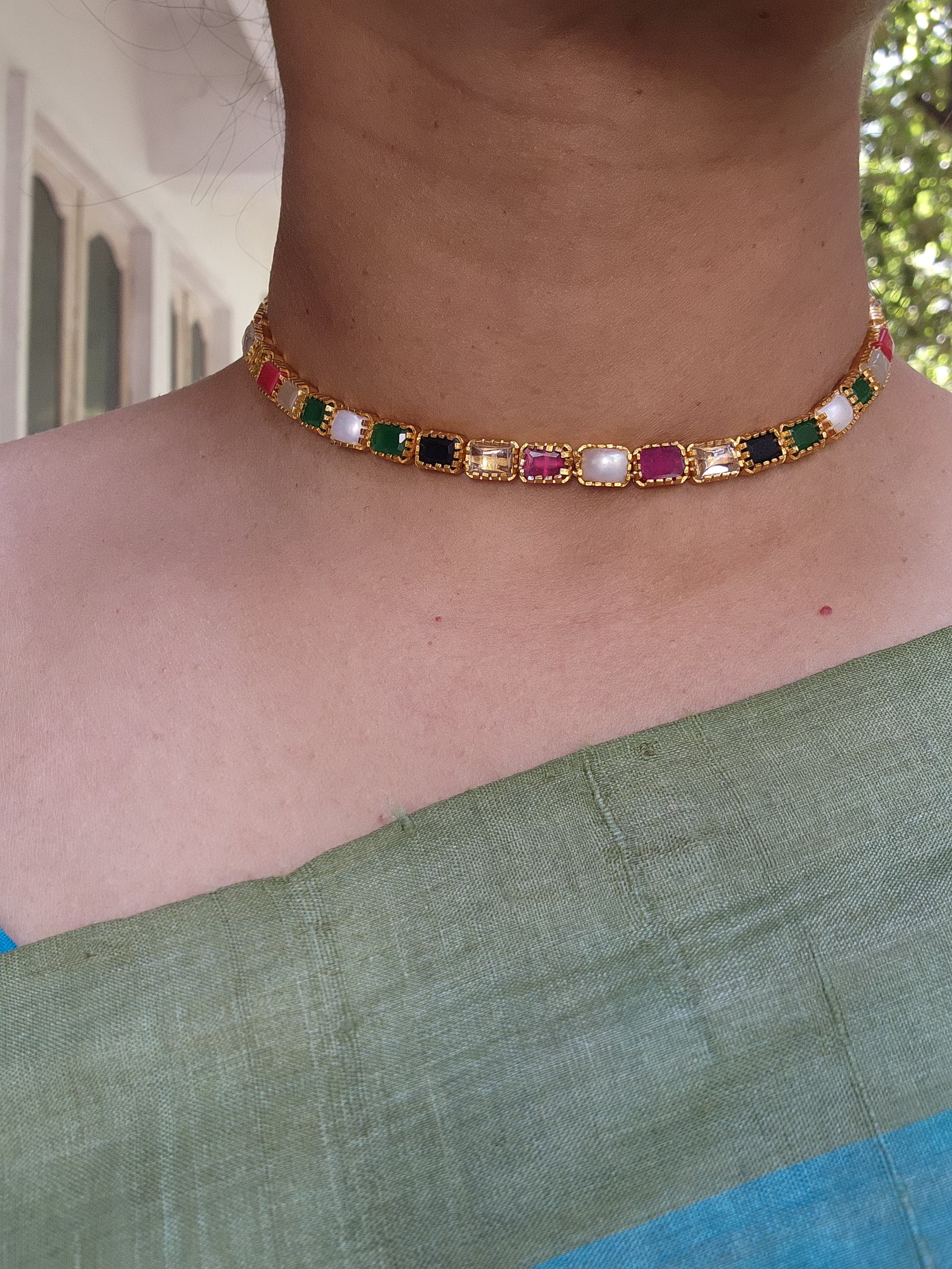 (Made To Order) Navaratan Necklace Set-Silver Neckpiece-PL-House of Taamara