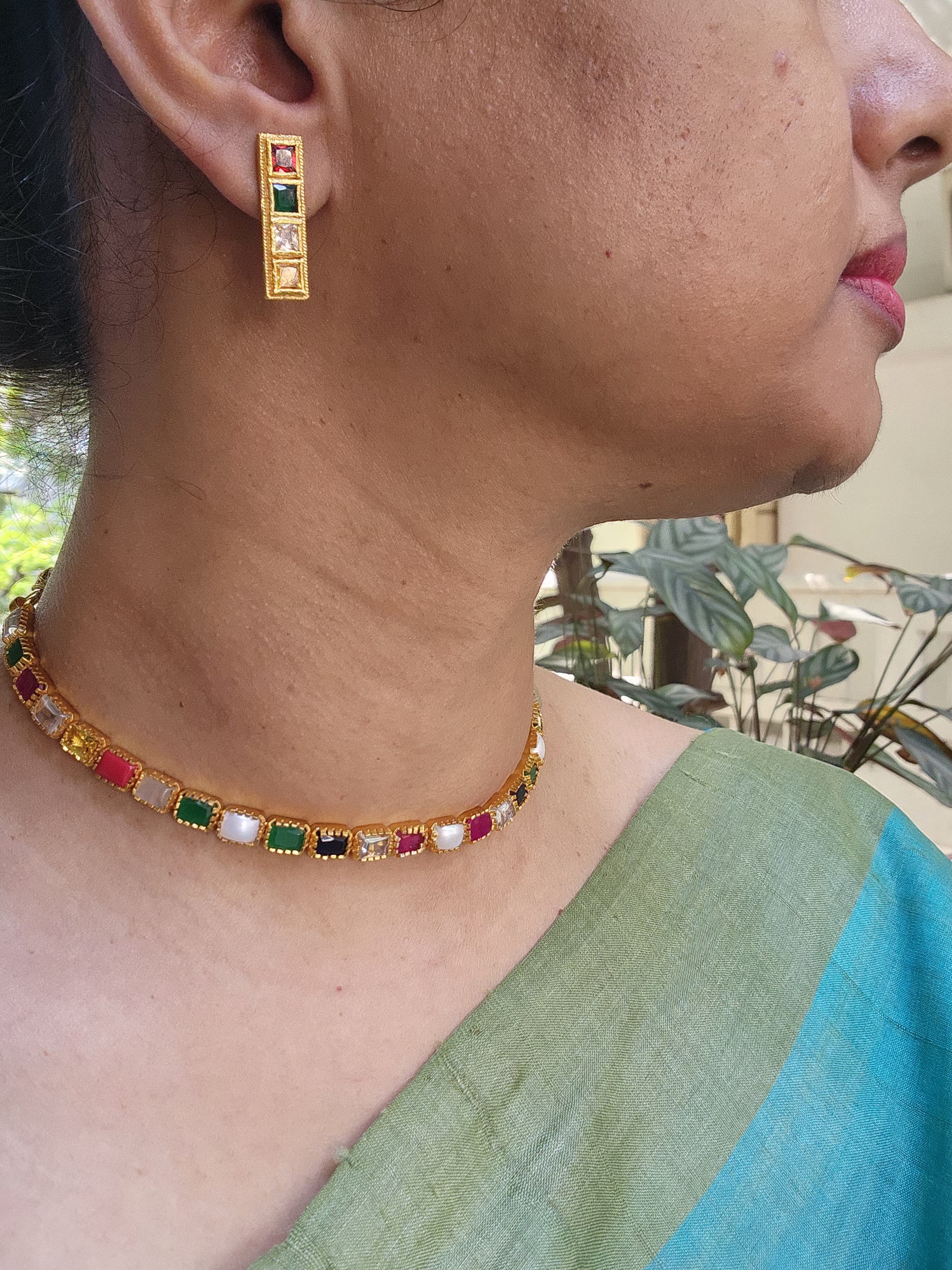 (Made To Order) Navaratan Necklace Set-Silver Neckpiece-PL-House of Taamara