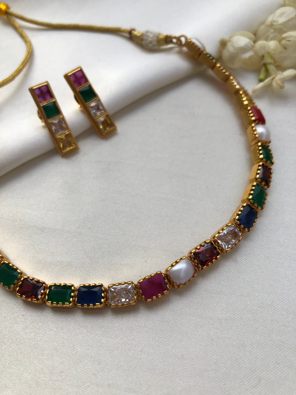 (Made To Order) Navaratan Necklace Set-Silver Neckpiece-PL-House of Taamara