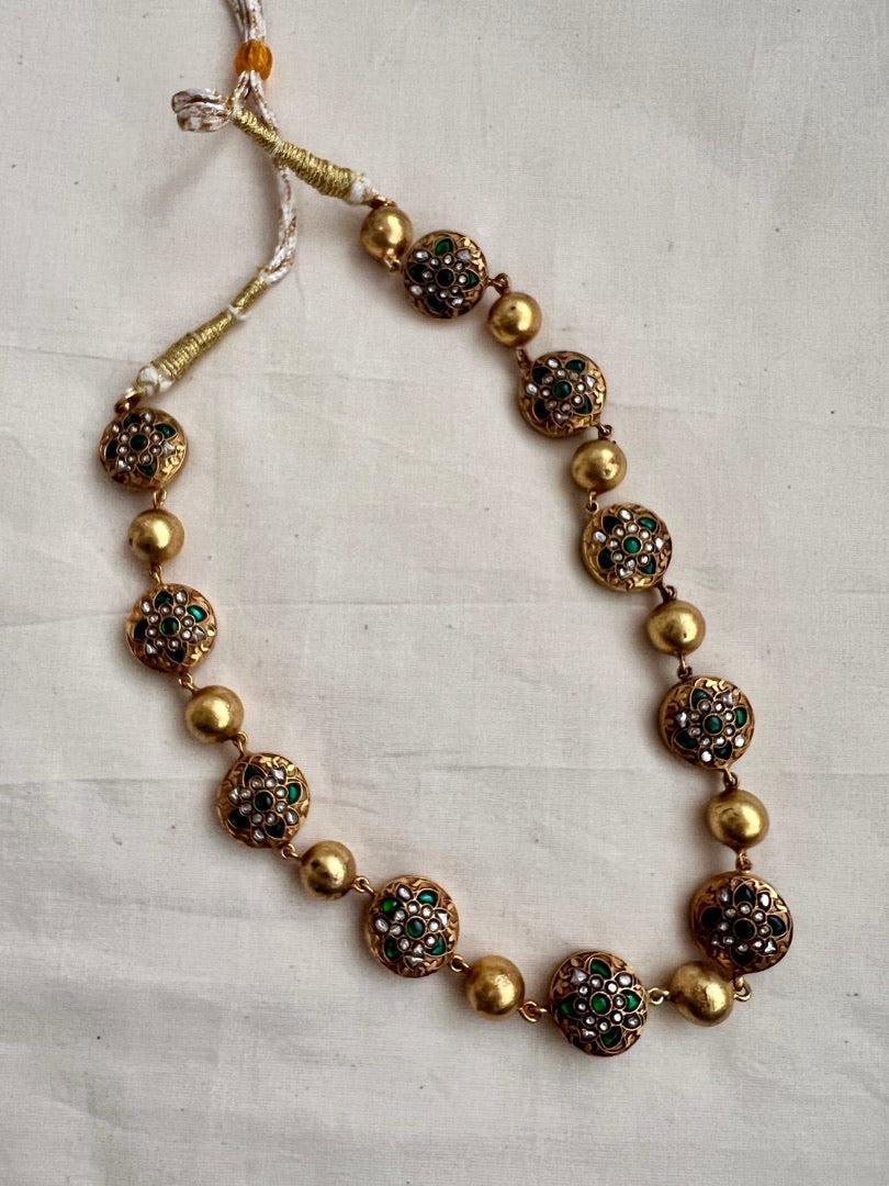 (Made To Order) Reversible Gold polish kundan, ruby & emerald with gold beads necklace-Silver Neckpiece-CI-House of Taamara
