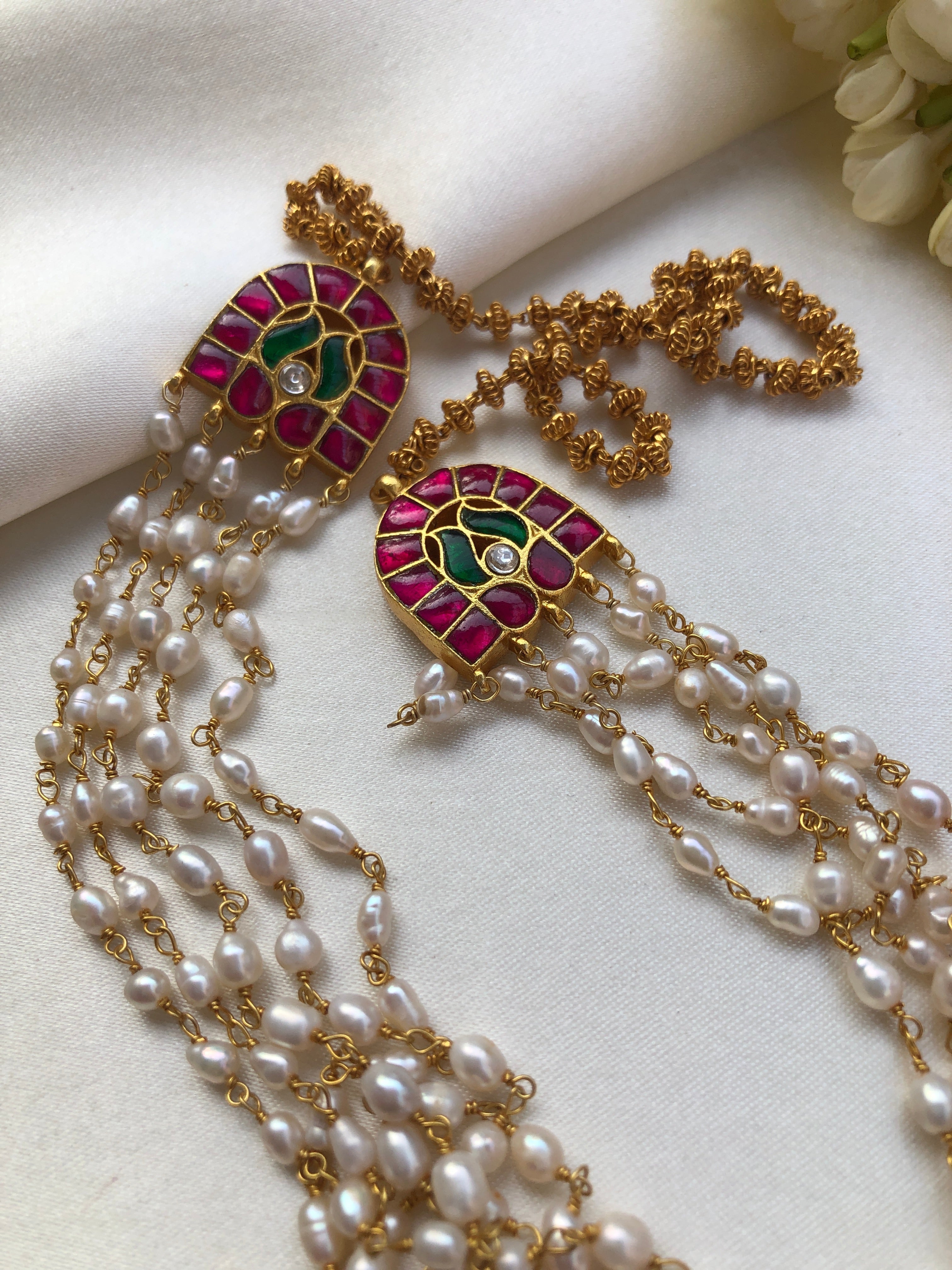 (Made To Order) Rice Pearls Long Mala With Kundan Side & Beads Back Chain-Silver Neckpiece-PL-House of Taamara