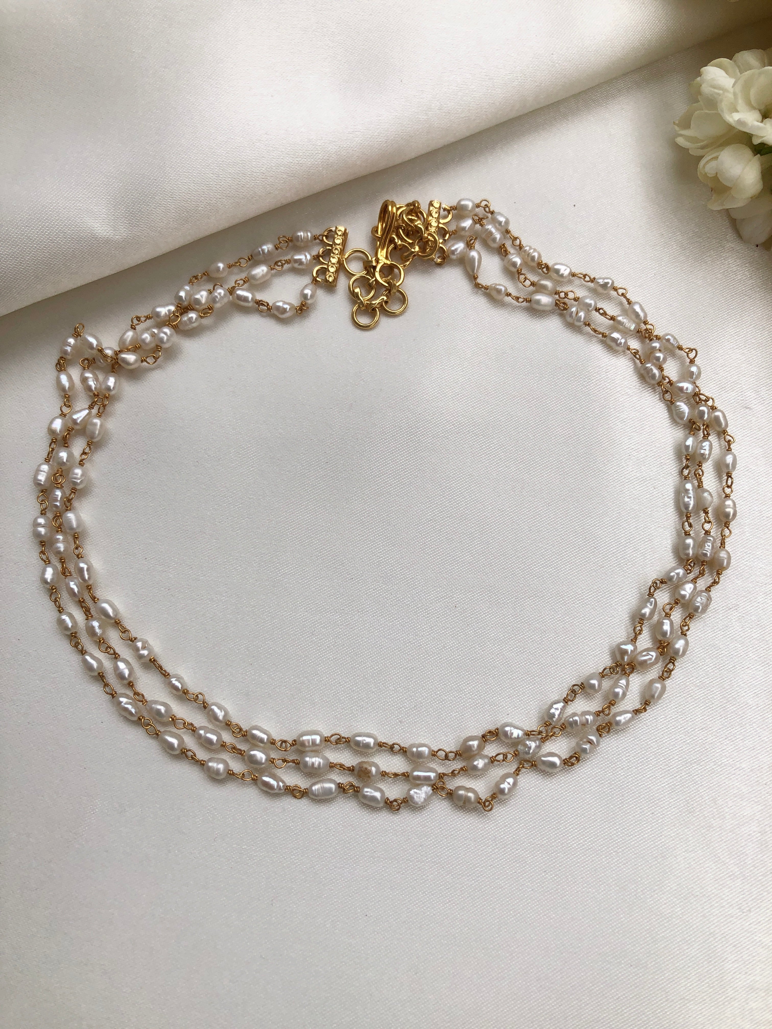 (Made To Order) Step Fresh Water Rice Pearls 3 Line Necklace-Silver Neckpiece-PL-House of Taamara