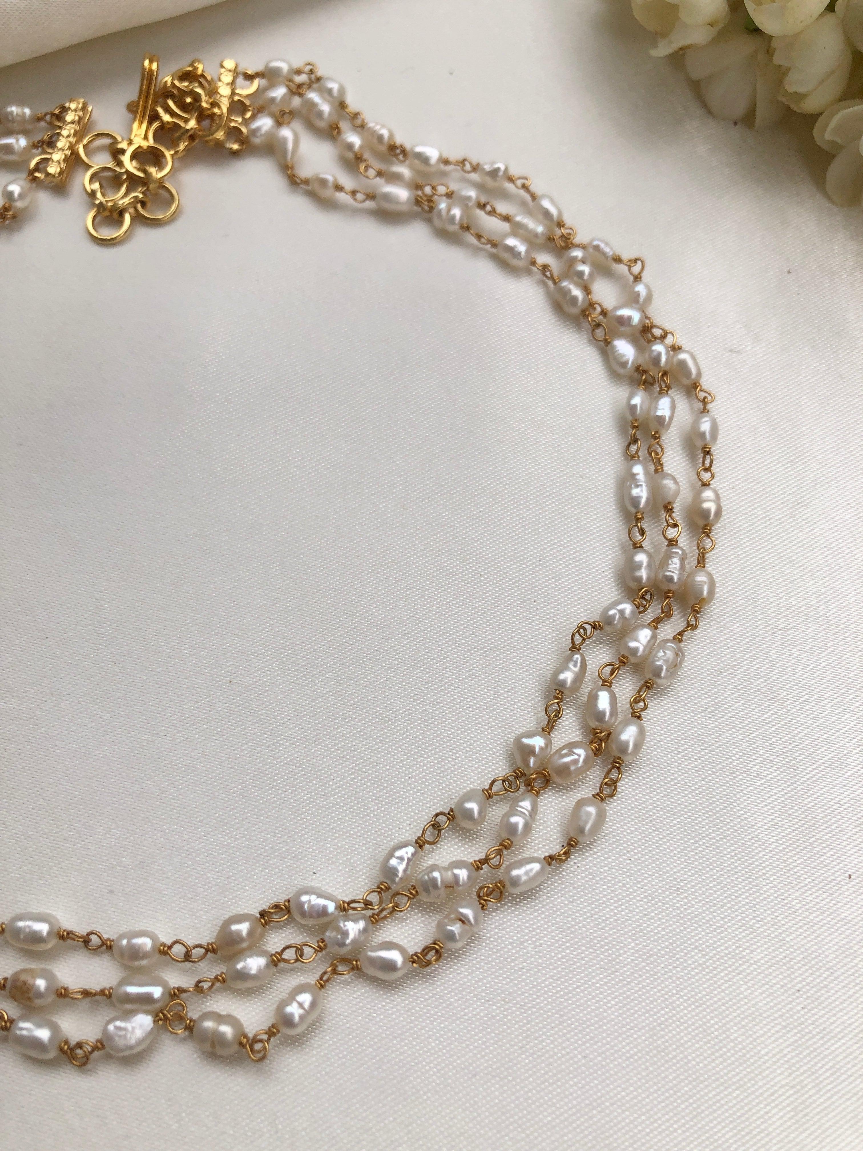 (Made To Order) Step Fresh Water Rice Pearls 3 Line Necklace-Silver Neckpiece-PL-House of Taamara