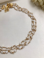 (Made To Order) Step Fresh Water Rice Pearls 3 Line Necklace-Silver Neckpiece-PL-House of Taamara