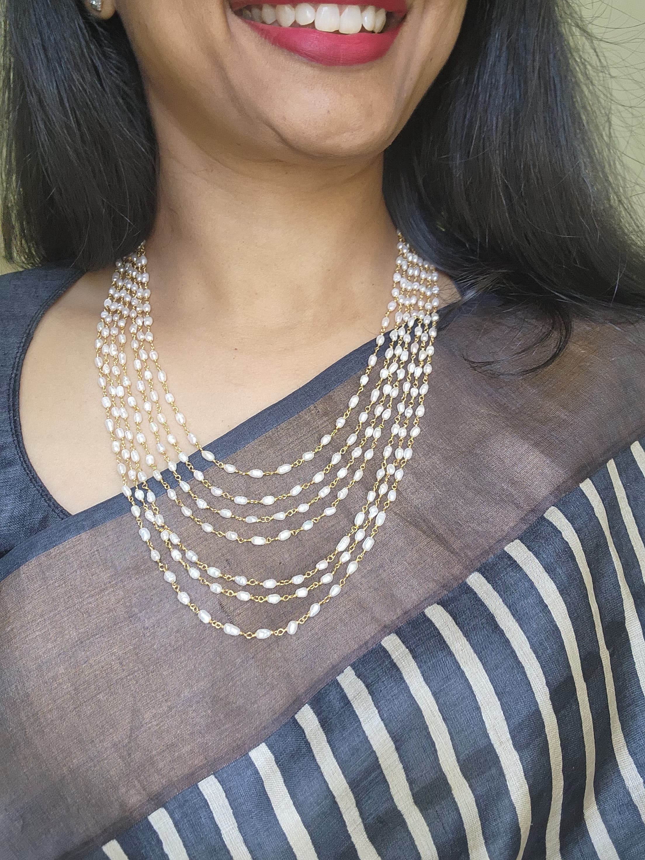 (Made To Order) Step Fresh Water Rice Pearls 7 Line Necklace-Silver Neckpiece-PL-House of Taamara
