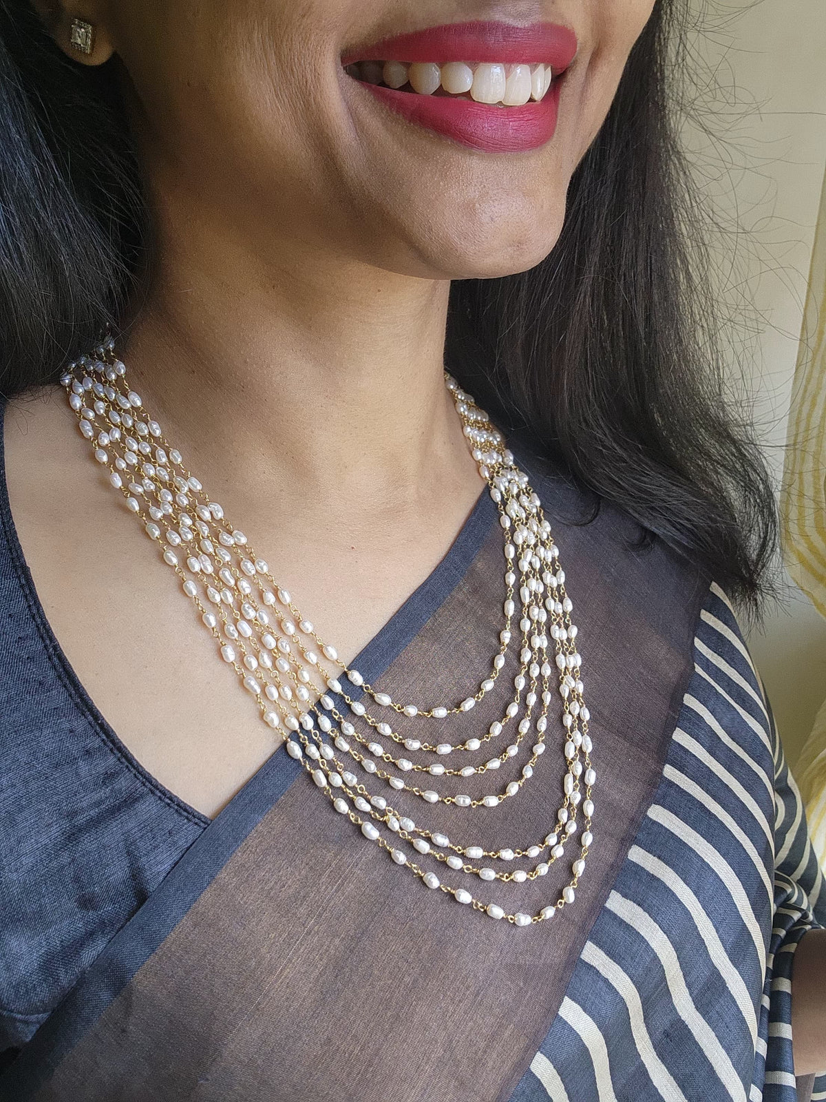 (Made To Order) Step Fresh Water Rice Pearls 7 Line Necklace-Silver Neckpiece-PL-House of Taamara