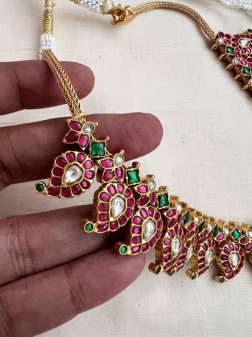 (Made To Order) Two sided, gold polish kundan, ruby & emerald paisley necklace-Silver Neckpiece-CI-House of Taamara