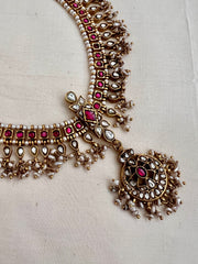 (Made To Order) Vintage style gold polish kundan & ruby necklace with pearls-Silver Neckpiece-CI-House of Taamara