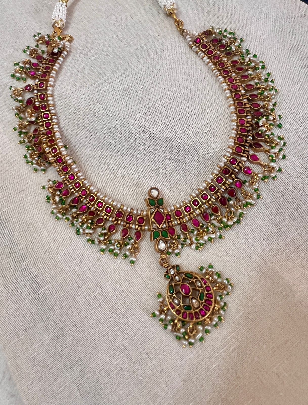 (Made To Order) Vintage style gold polish kundan & ruby necklace with pearls/green beads-Silver Neckpiece-CI-House of Taamara