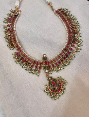 (Made To Order) Vintage style gold polish kundan & ruby necklace with pearls/green beads-Silver Neckpiece-CI-House of Taamara