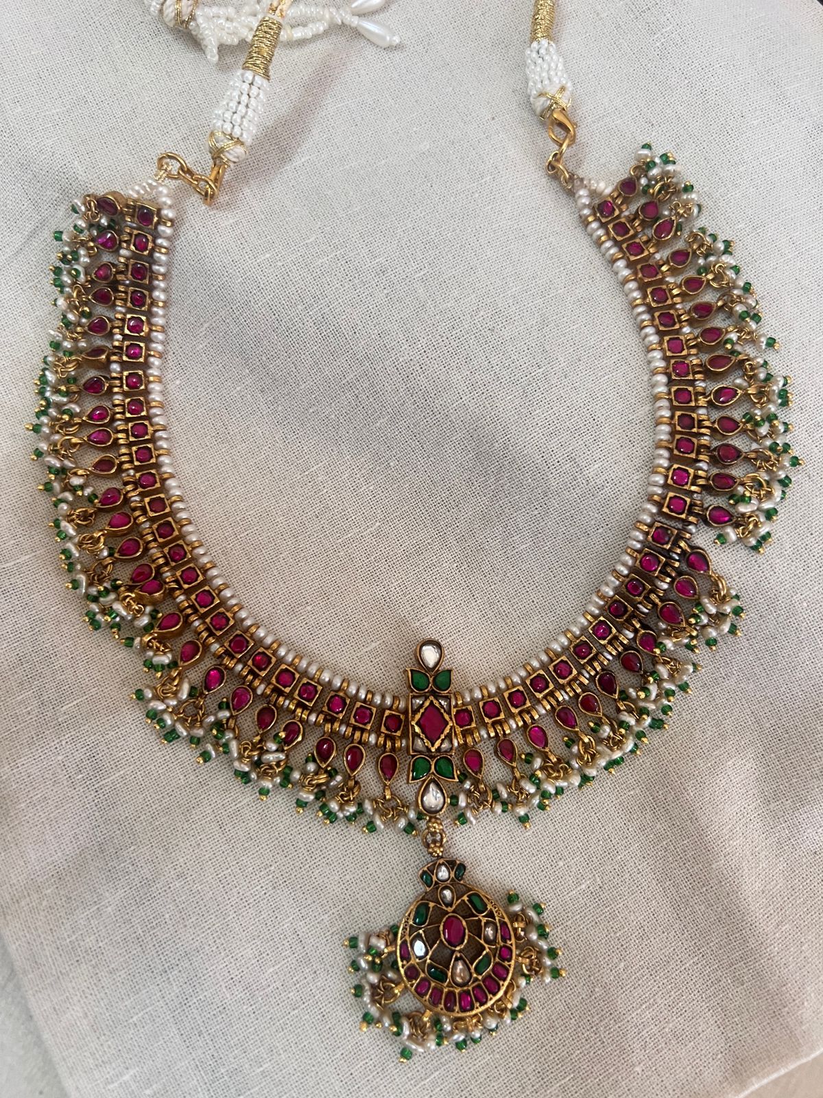 (Made To Order) Vintage style gold polish kundan & ruby necklace with pearls/green beads-Silver Neckpiece-CI-House of Taamara