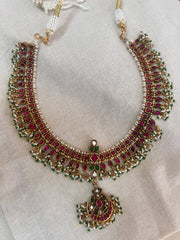 (Made To Order) Vintage style gold polish kundan & ruby necklace with pearls/green beads-Silver Neckpiece-CI-House of Taamara