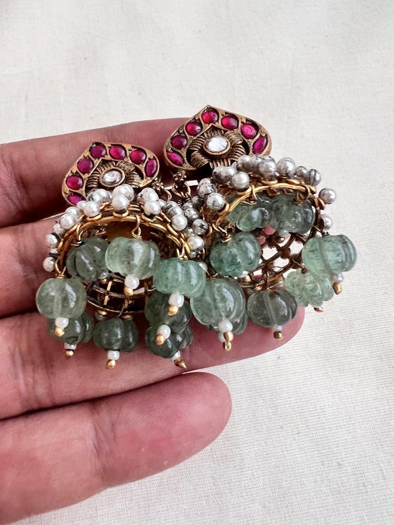 Vintage style kundan & ruby jhumkas with pearls and jade beads-Earrings-CI-House of Taamara