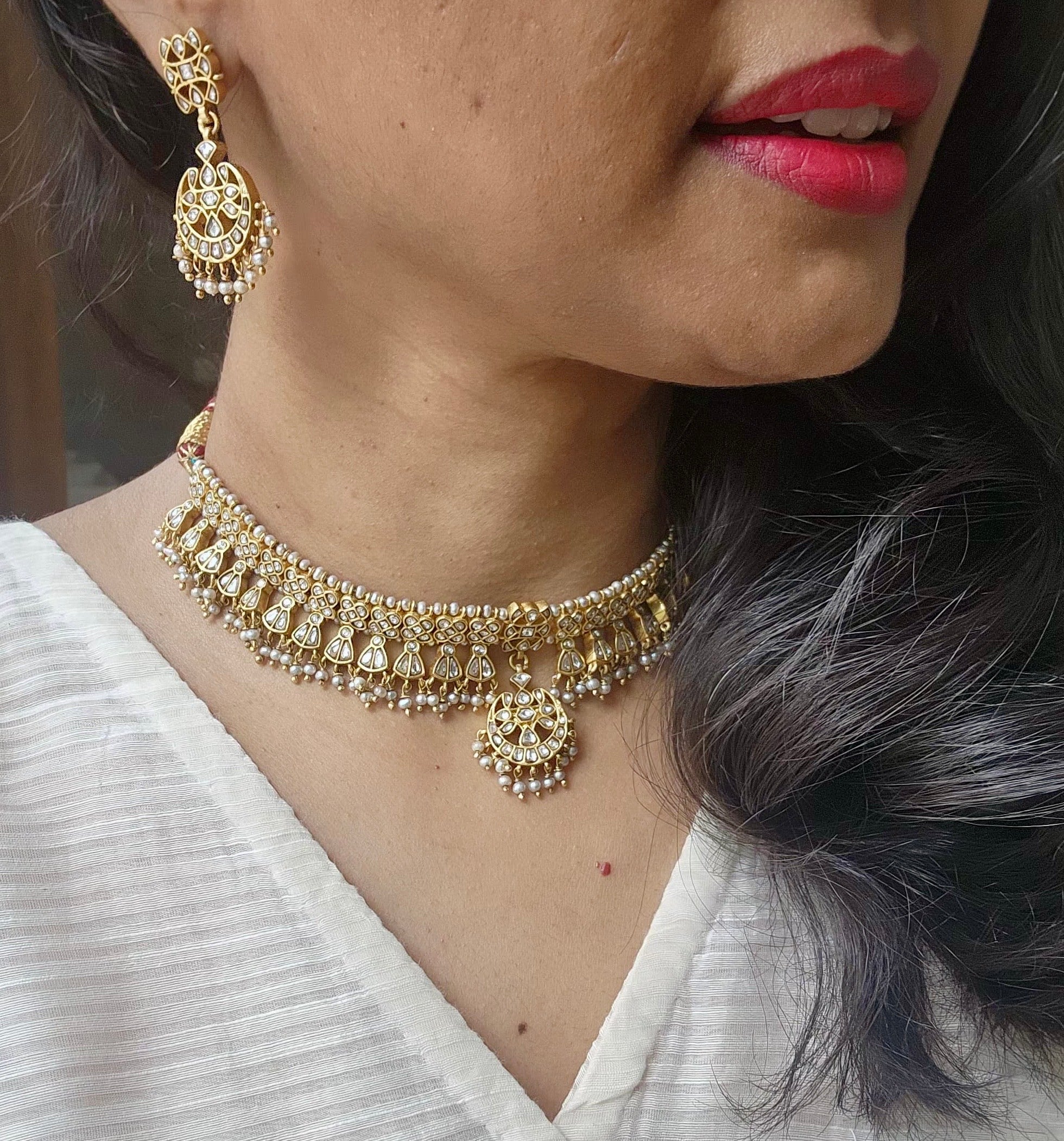 (Made To Order) White kundan maatapatti with earrings, SET-Silver Neckpiece-PL-House of Taamara