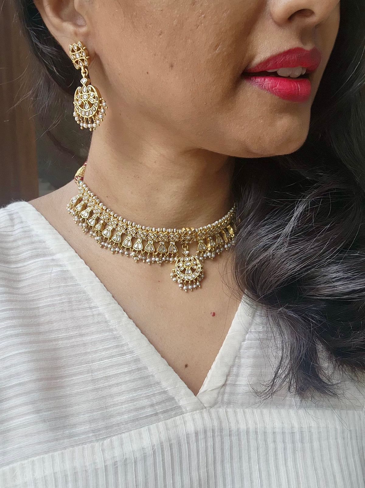 (Made To Order) White kundan maatapatti with earrings, SET-Silver Neckpiece-PL-House of Taamara