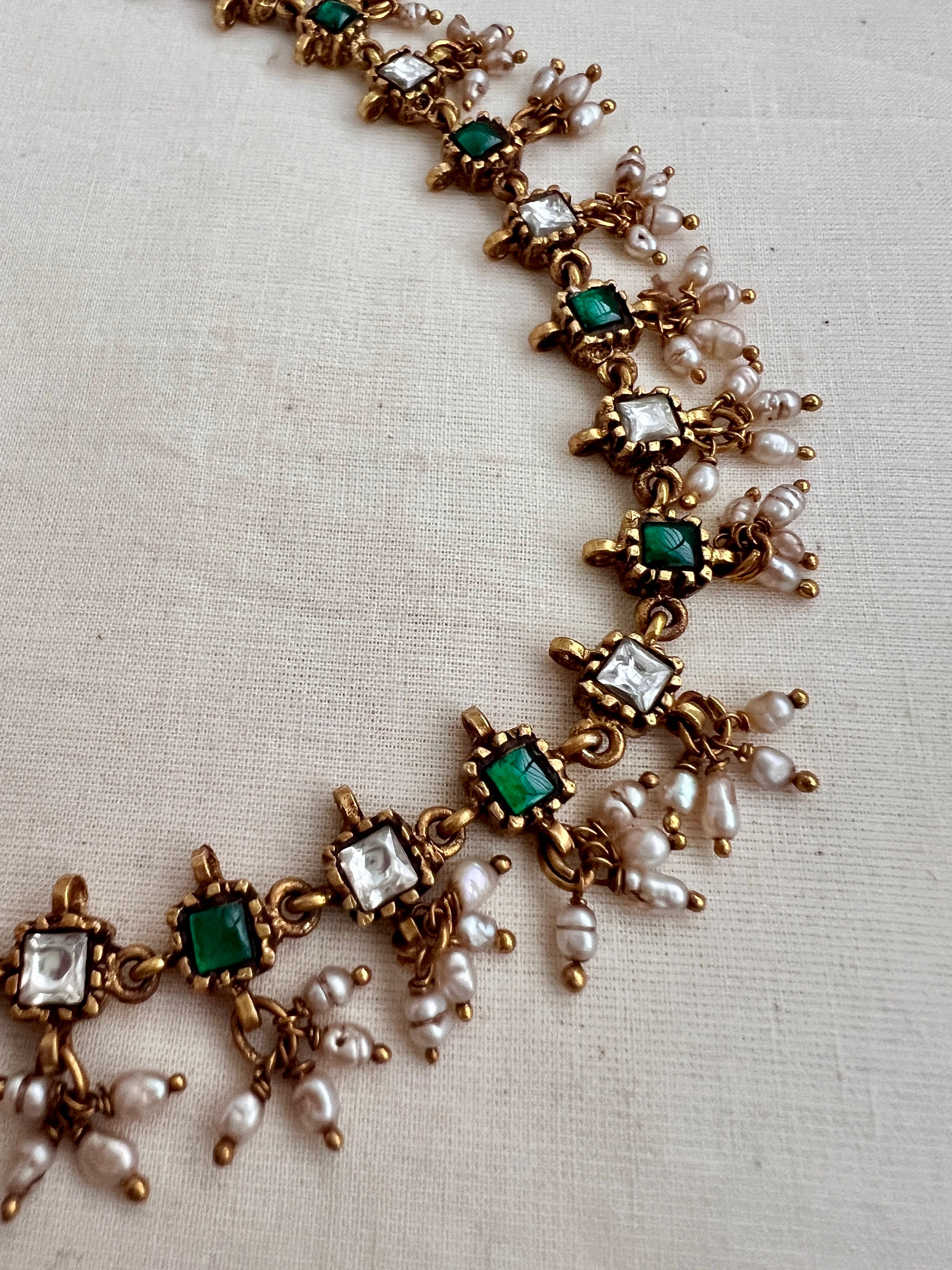 (Made ToOrder) Gold polish kundan & emerald necklace with pearls-Silver Neckpiece-CI-House of Taamara