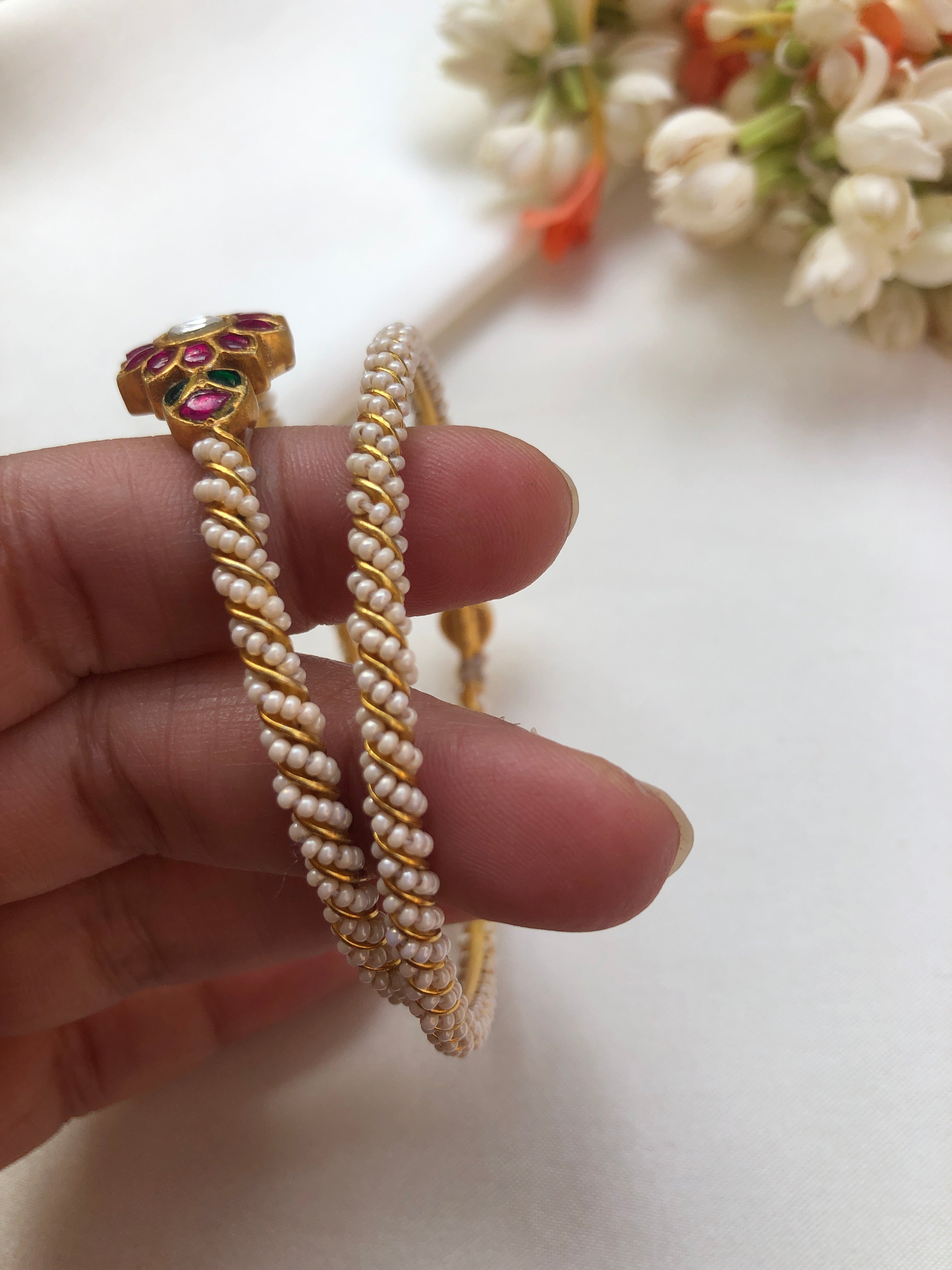 (Made to Order) Kundan flower bangles with mothi stringing PAIR-Silver Bracelet-PL-House of Taamara