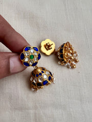 (Made to order) Blue kundan jhumkas with pearls-Earrings-CI-House of Taamara