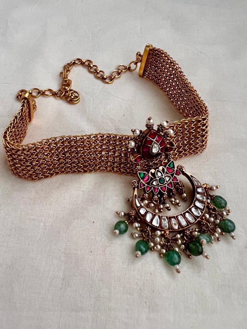Mesh necklace with detachable kundan, ruby, emerald with pearls & jade beads pendant-Silver Neckpiece-CI-House of Taamara