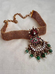 Mesh necklace with detachable kundan, ruby, emerald with pearls & jade beads pendant-Silver Neckpiece-CI-House of Taamara