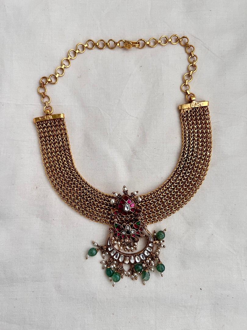 Mesh necklace with detachable kundan, ruby, emerald with pearls & jade beads pendant-Silver Neckpiece-CI-House of Taamara