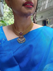 Mesh necklace with detachable kundan, ruby, emerald with pearls & jade beads pendant-Silver Neckpiece-CI-House of Taamara