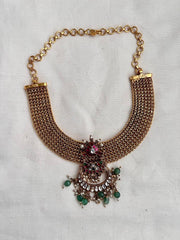 Mesh necklace with detachable kundan, ruby, emerald with pearls & jade beads pendant-Silver Neckpiece-CI-House of Taamara