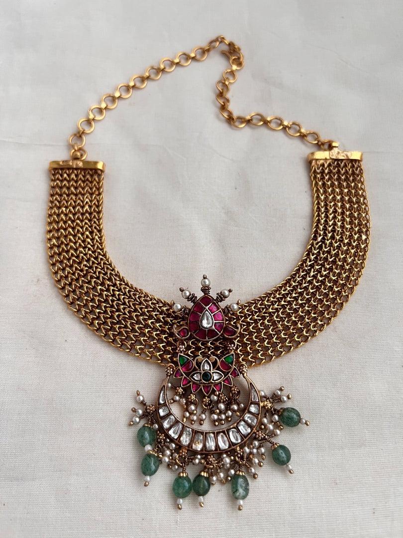 Mesh necklace with detachable kundan, ruby, emerald with pearls & jade beads pendant-Silver Neckpiece-CI-House of Taamara
