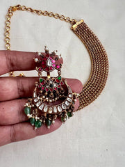 Mesh necklace with detachable kundan, ruby, emerald with pearls & jade beads pendant-Silver Neckpiece-CI-House of Taamara