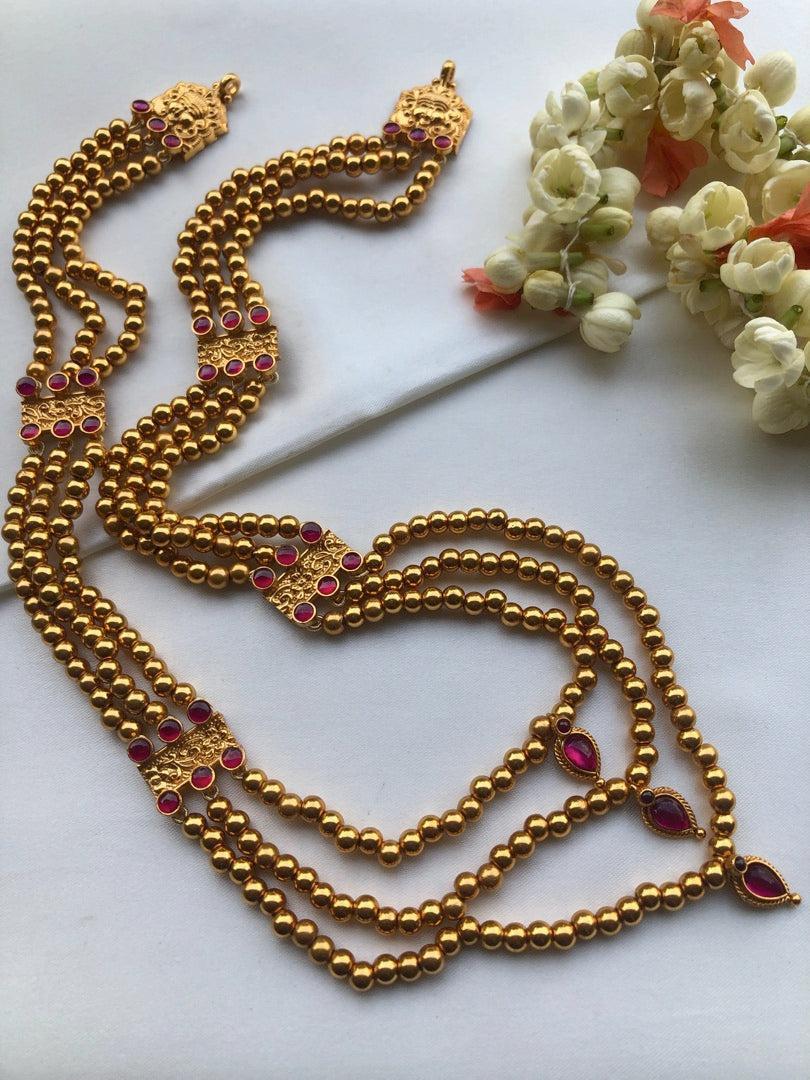 Mohan mala beads with ruby 3 layered necklace-Silver Neckpiece-pl-House of Taamara