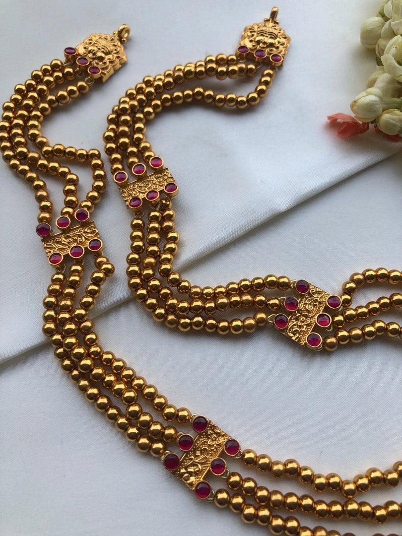 Mohan mala beads with ruby 3 layered necklace-Silver Neckpiece-pl-House of Taamara