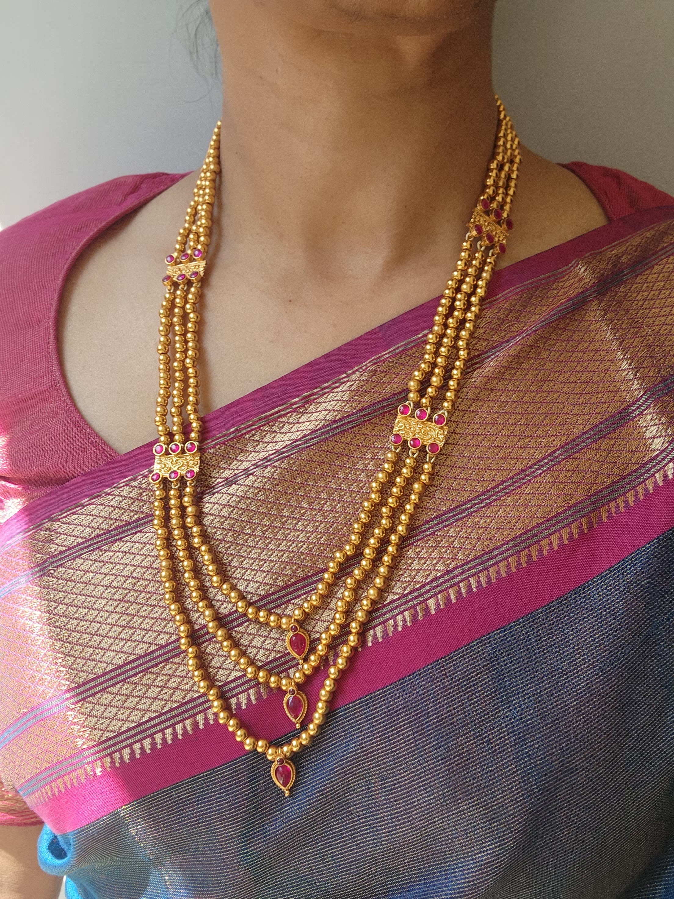 Mohan mala beads with ruby 3 layered necklace-Silver Neckpiece-pl-House of Taamara