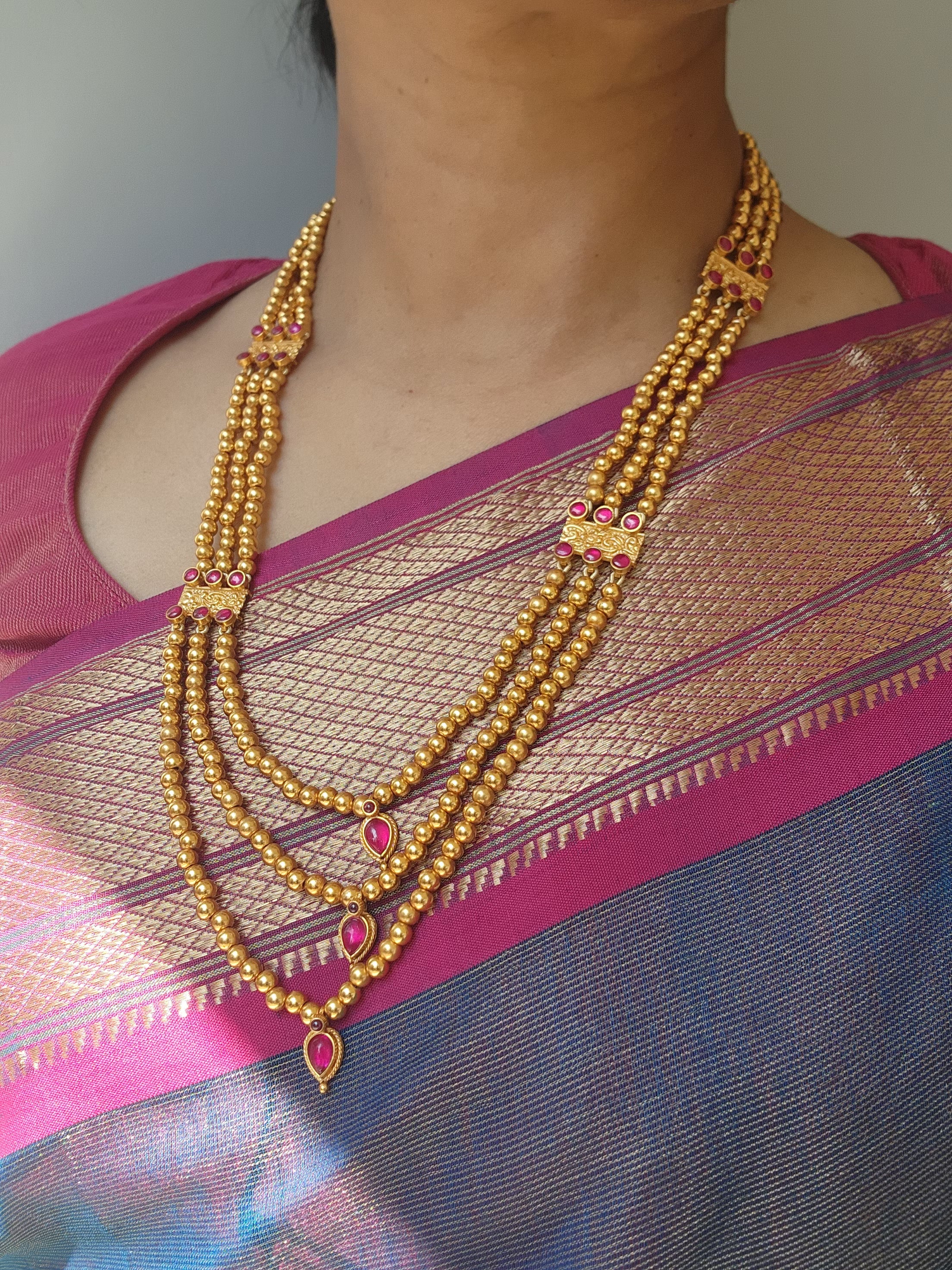 Mohan mala beads with ruby 3 layered necklace-Silver Neckpiece-pl-House of Taamara