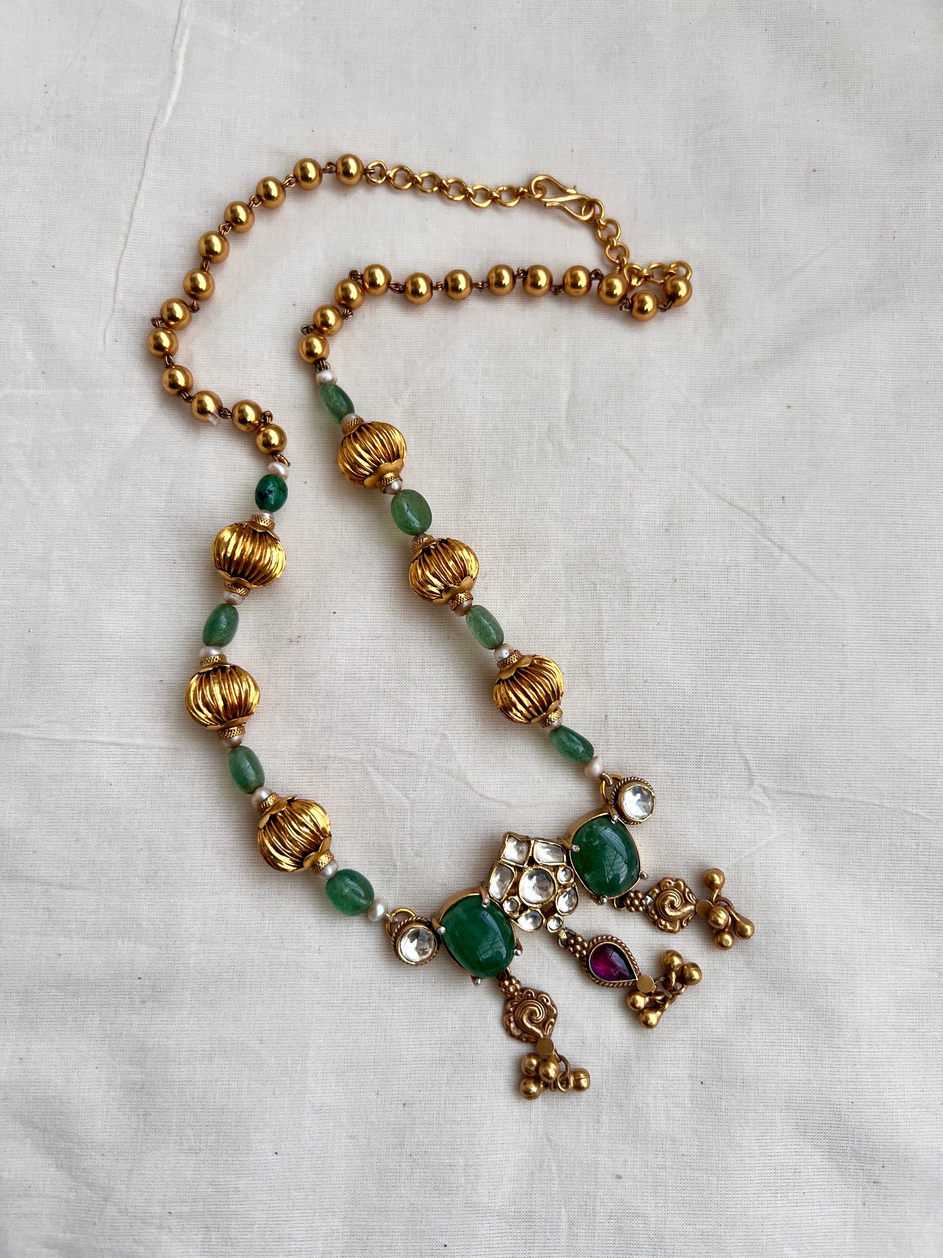 Mohan mala with green beads with kundan-Silver Neckpiece-CI-House of Taamara