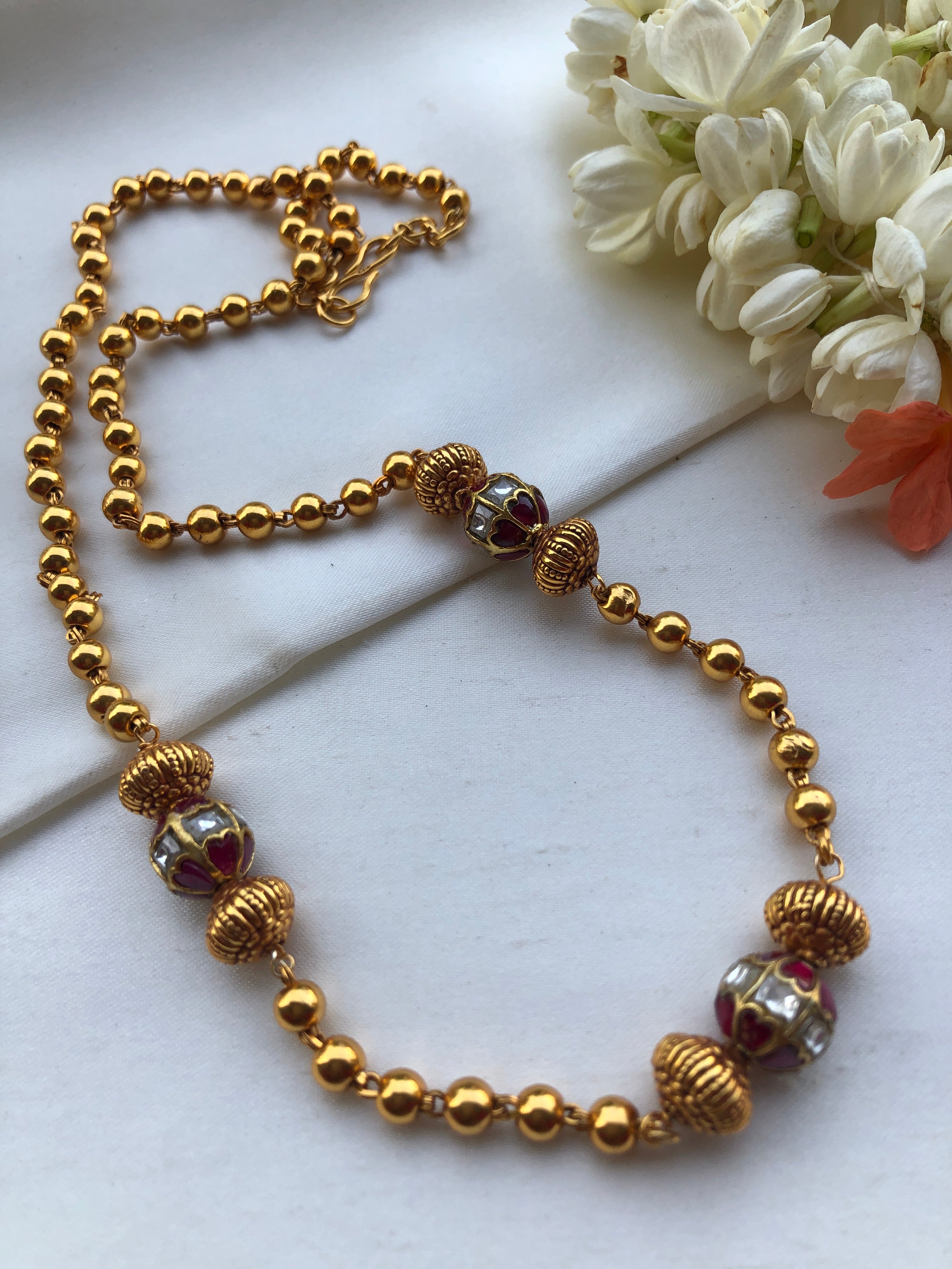 Mohan Silver Mohan mala with kundan ruby beads & gold beads | House of Taamara