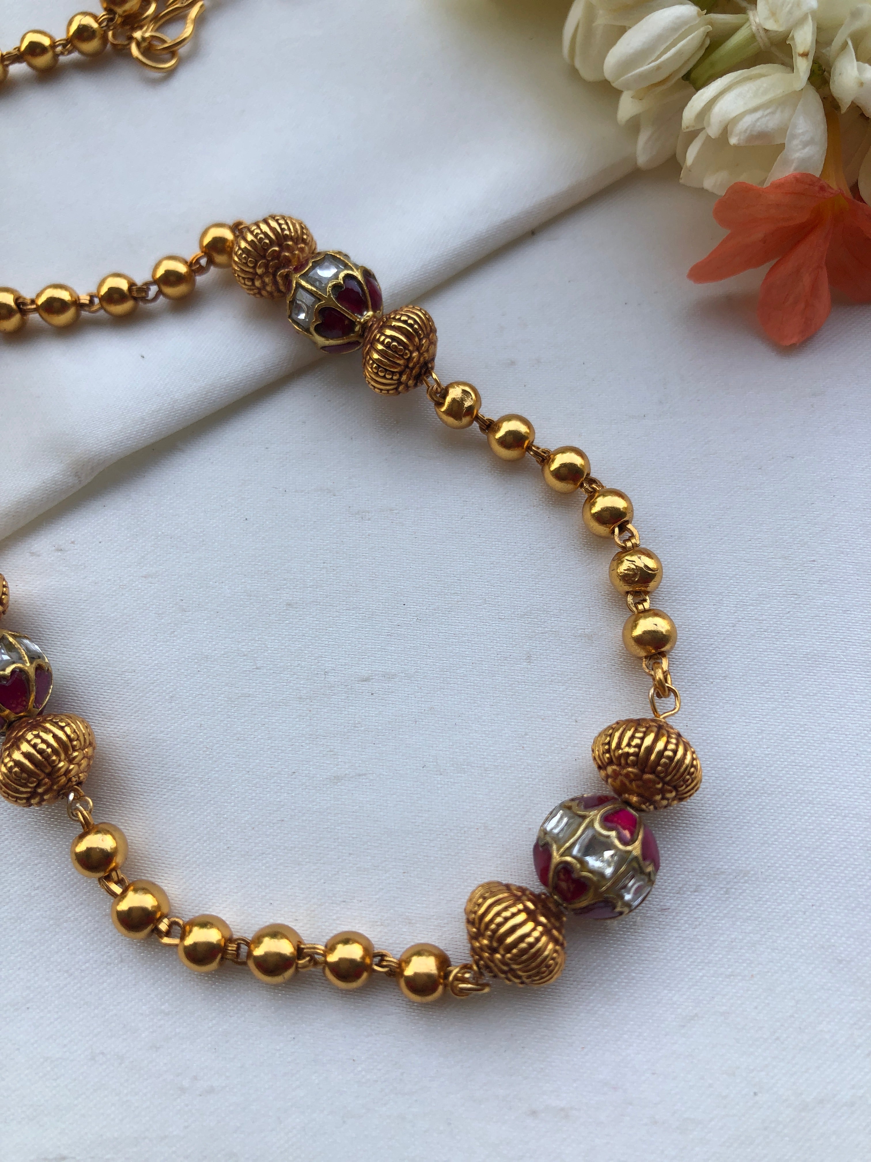 Mohan Silver Mohan mala with kundan ruby beads & gold beads | House of Taamara