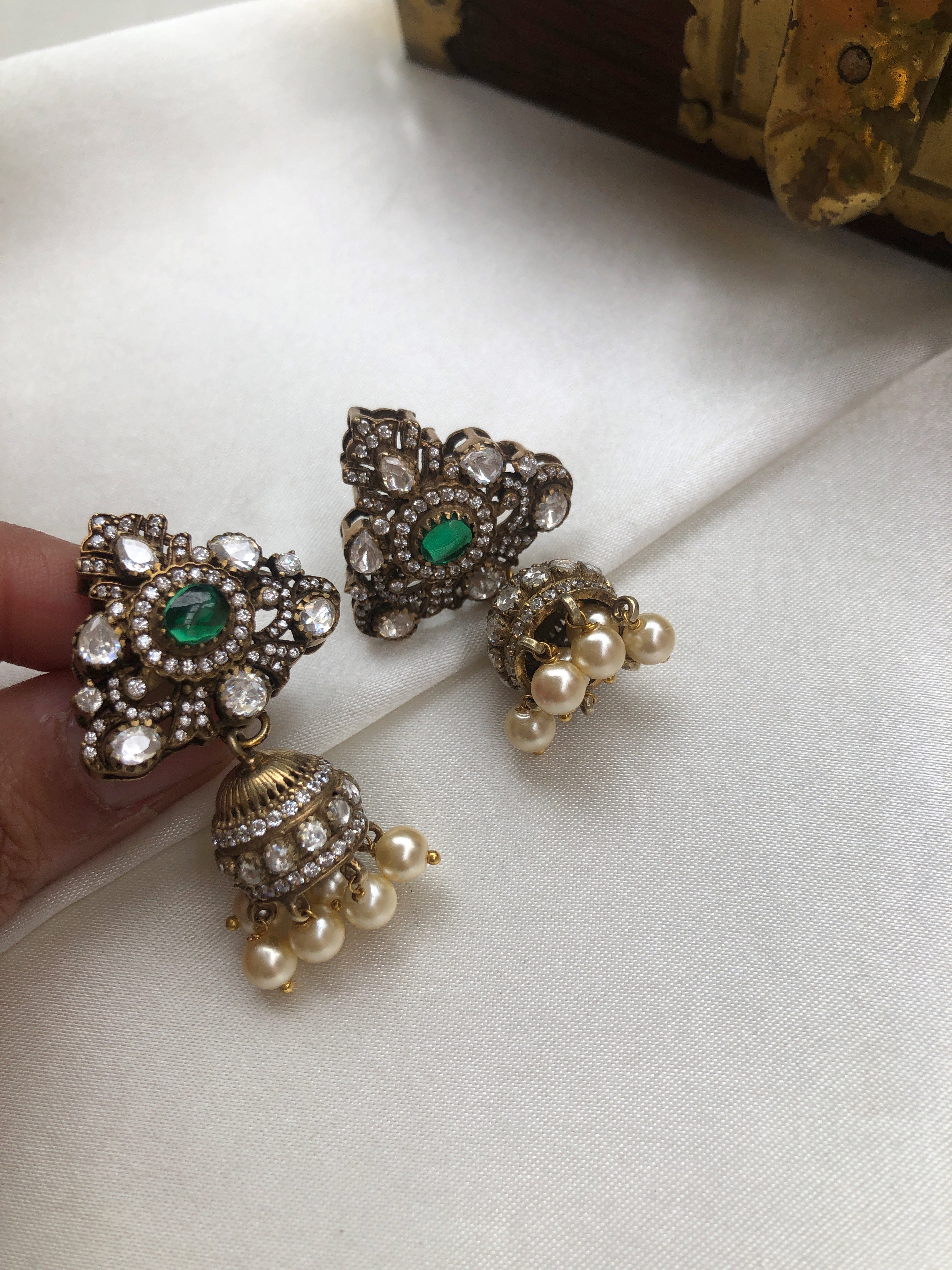 Moissanite jhumkas with pearls & emerald-Earrings-PL-House of Taamara