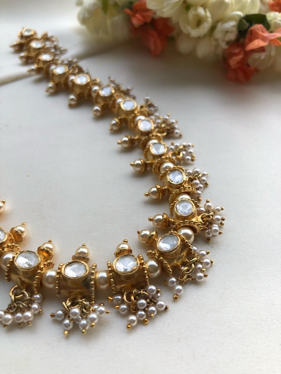Moissanite kundan necklace with pearls bunch-Silver Neckpiece-PL-House of Taamara