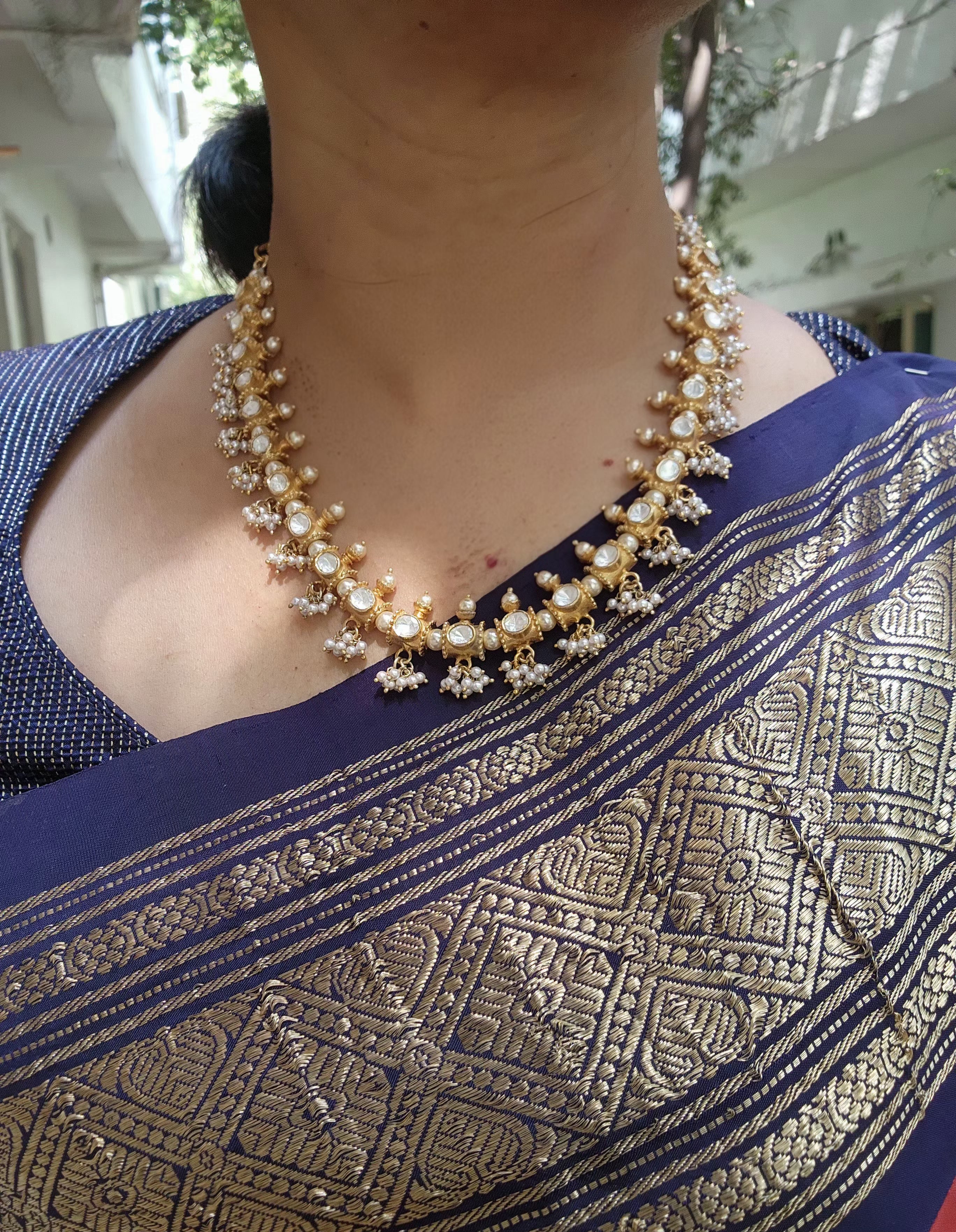 Moissanite kundan necklace with pearls bunch-Silver Neckpiece-PL-House of Taamara