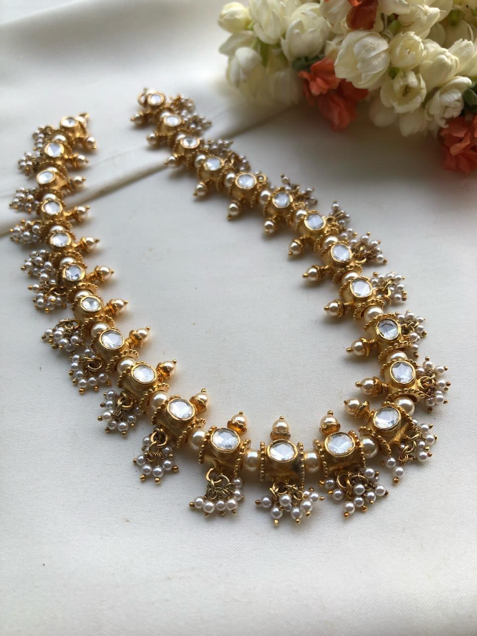 Moissanite kundan necklace with pearls bunch-Silver Neckpiece-PL-House of Taamara