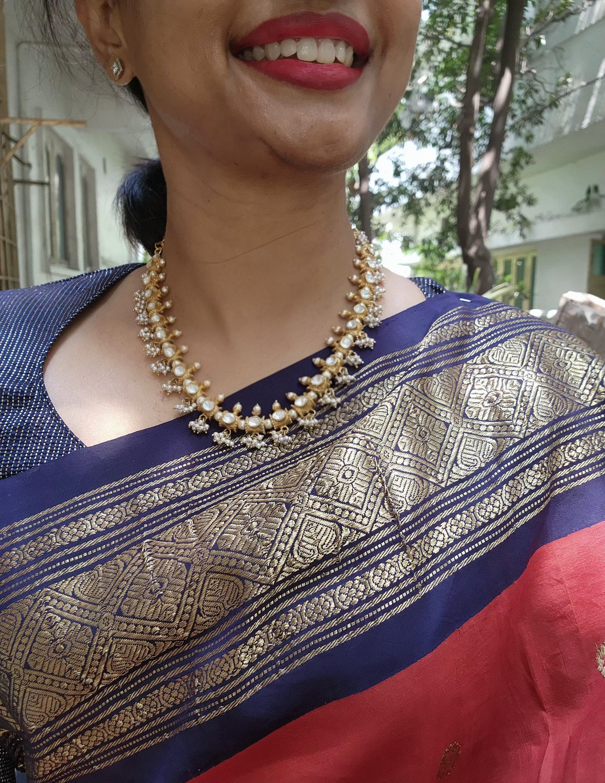 Moissanite kundan necklace with pearls bunch-Silver Neckpiece-PL-House of Taamara