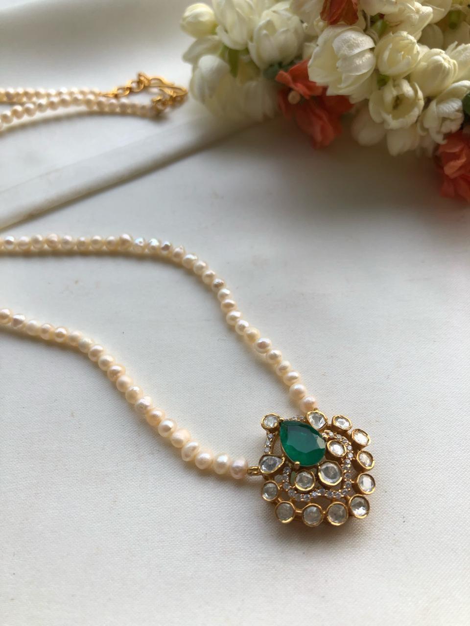 Moissanite pendant with pearls mala-Silver Neckpiece-PL-House of Taamara