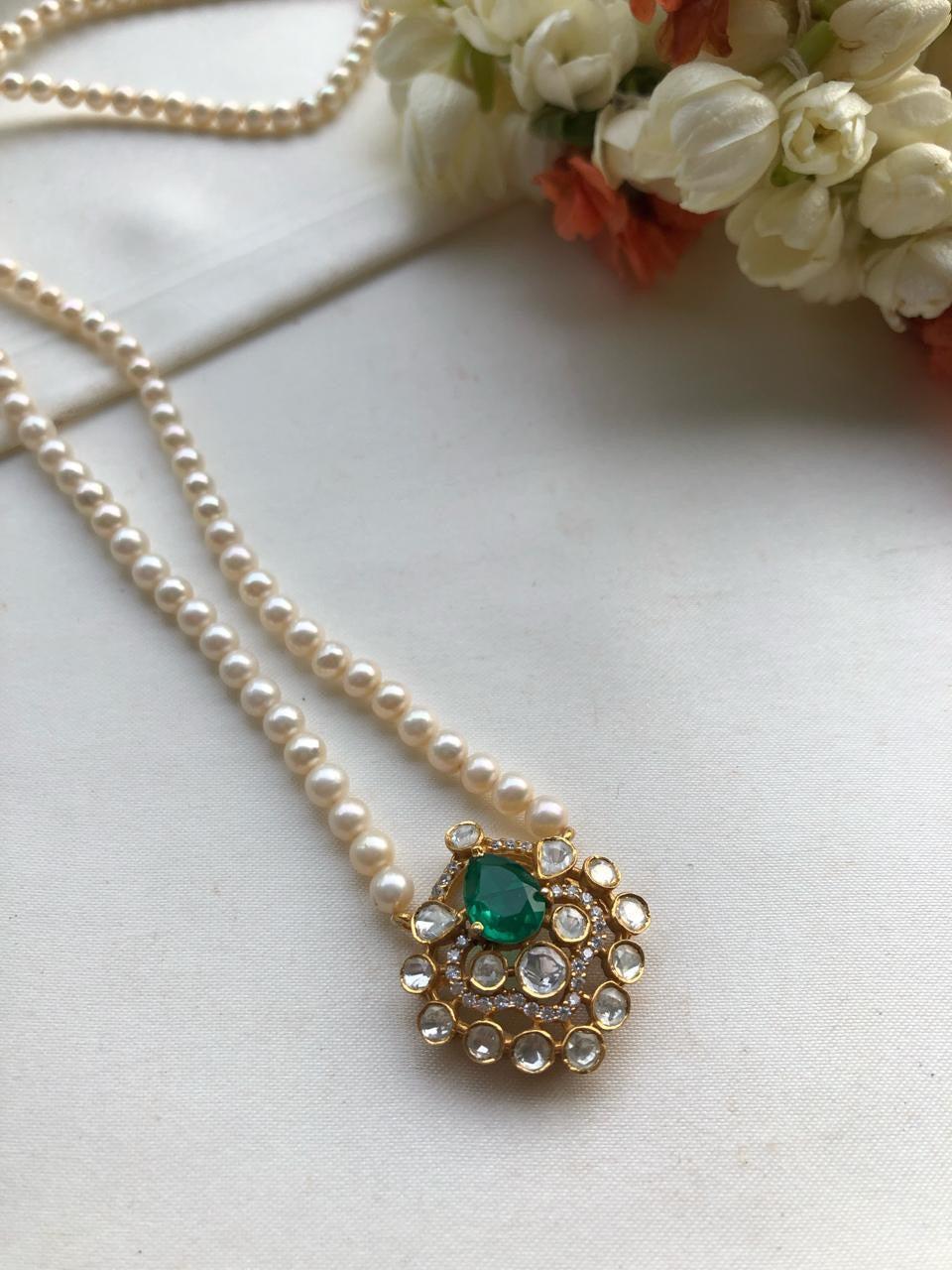 Moissanite pendant with pearls mala-Silver Neckpiece-PL-House of Taamara