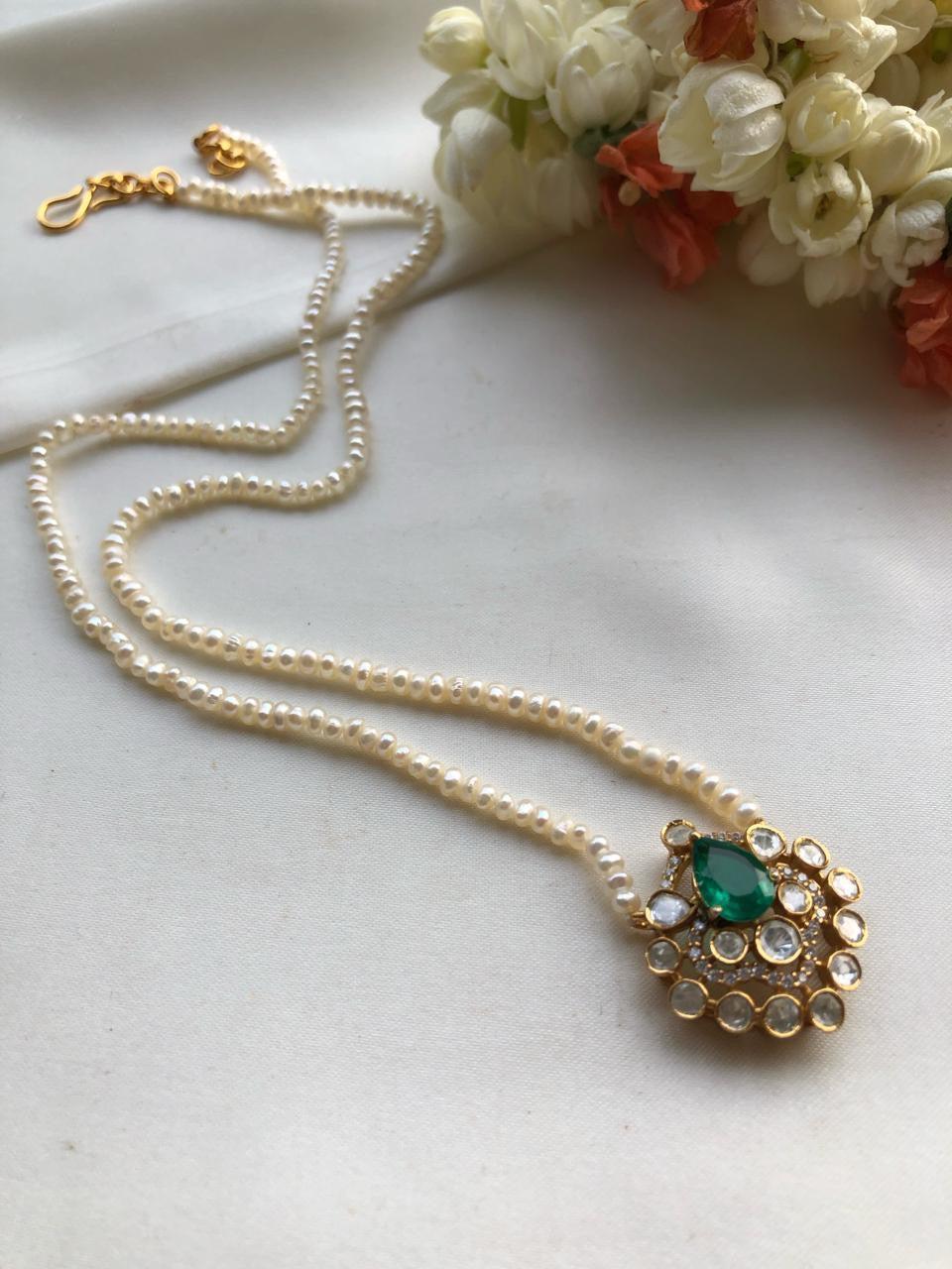 Moissanite pendant with pearls mala-Silver Neckpiece-PL-House of Taamara