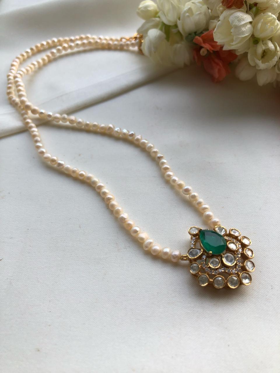 Moissanite pendant with pearls mala-Silver Neckpiece-PL-House of Taamara