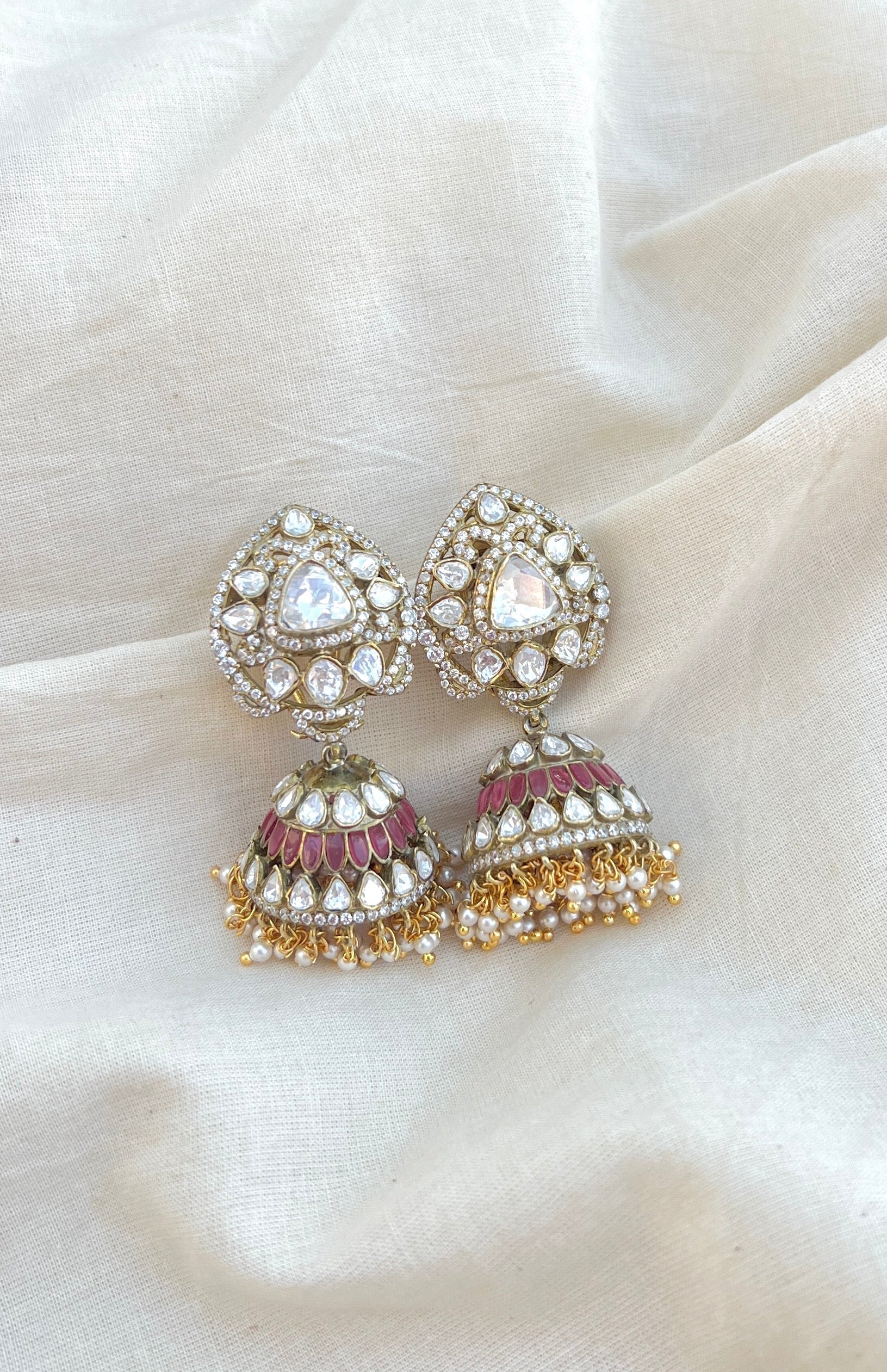 Moissanite stud with red and white stones jhumkie-Silver earrings-EZ-House of Taamara