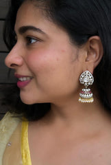 Moissanite stud with red and white stones jhumkie-Silver earrings-EZ-House of Taamara